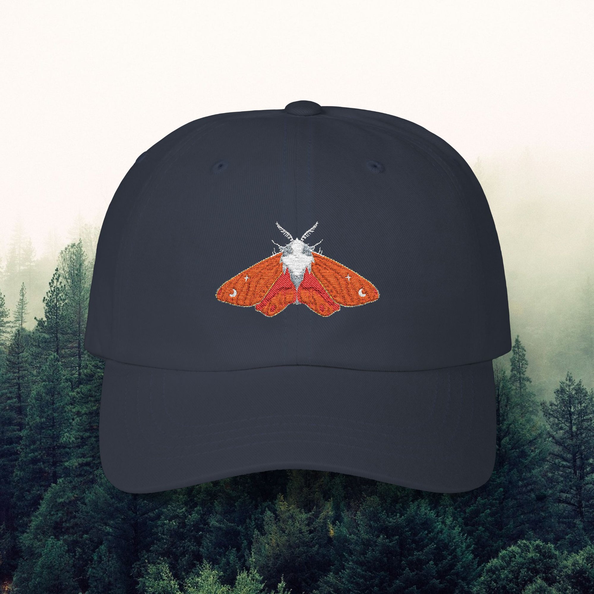 Embroidered Classic Dad Cap with Orange Moth Design