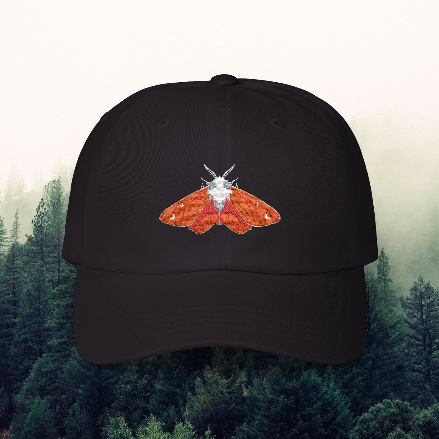 Embroidered Classic Dad Cap with Orange Moth Design
