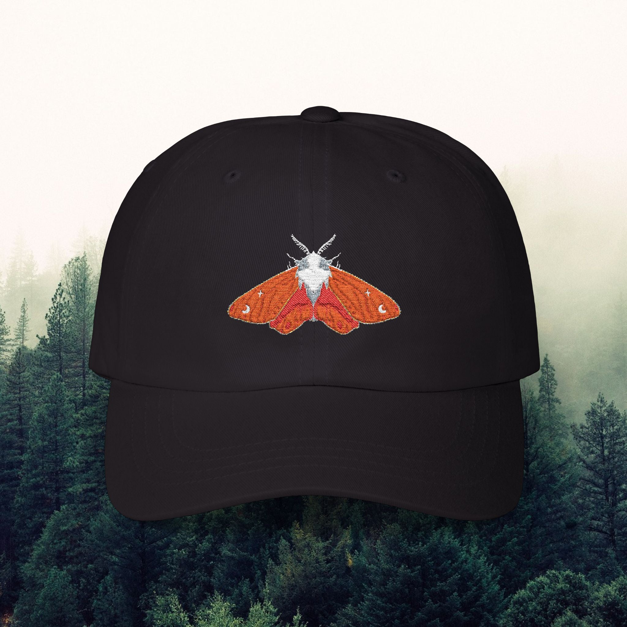 Embroidered Classic Dad Cap with Orange Moth Design