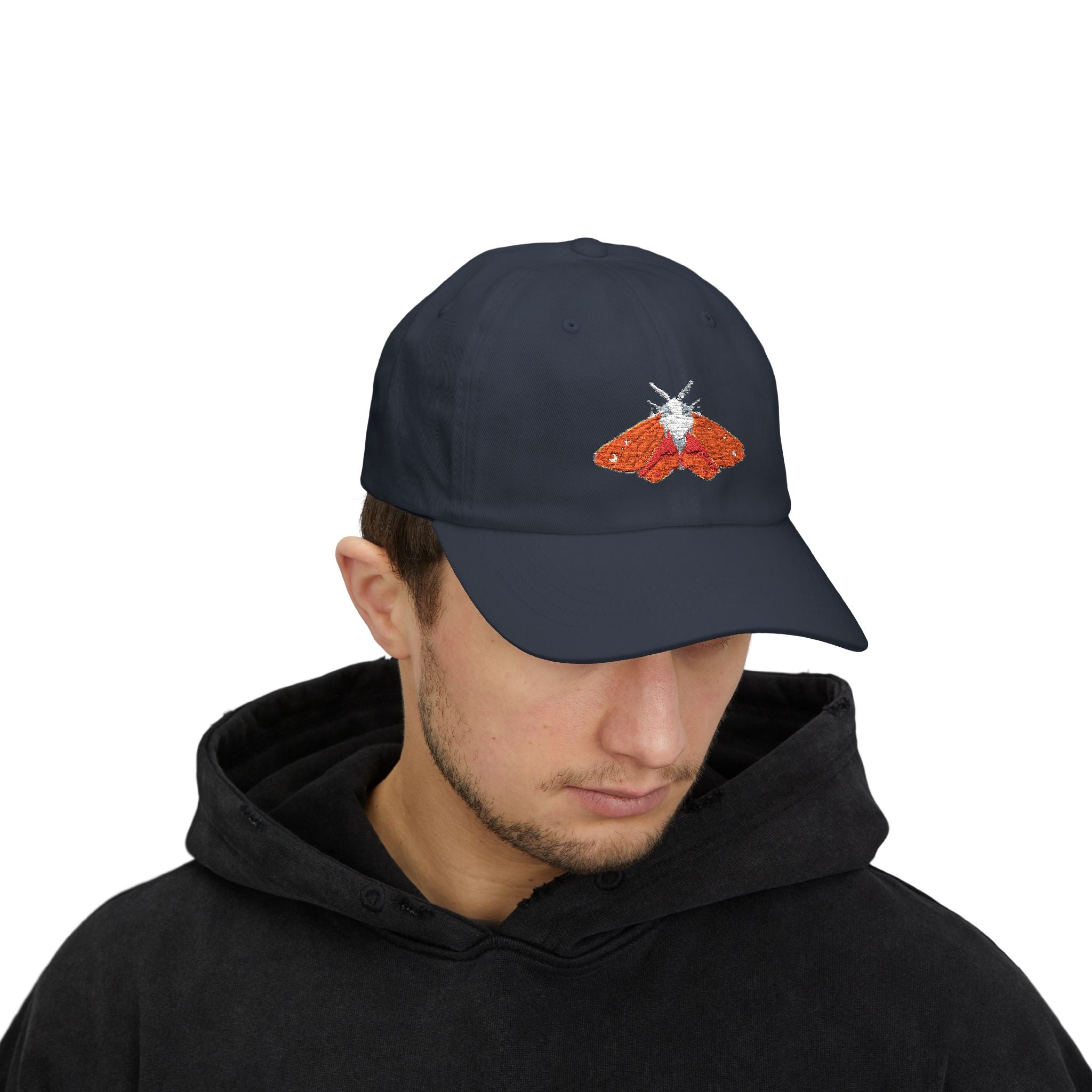 Embroidered Classic Dad Cap with Orange Moth Design