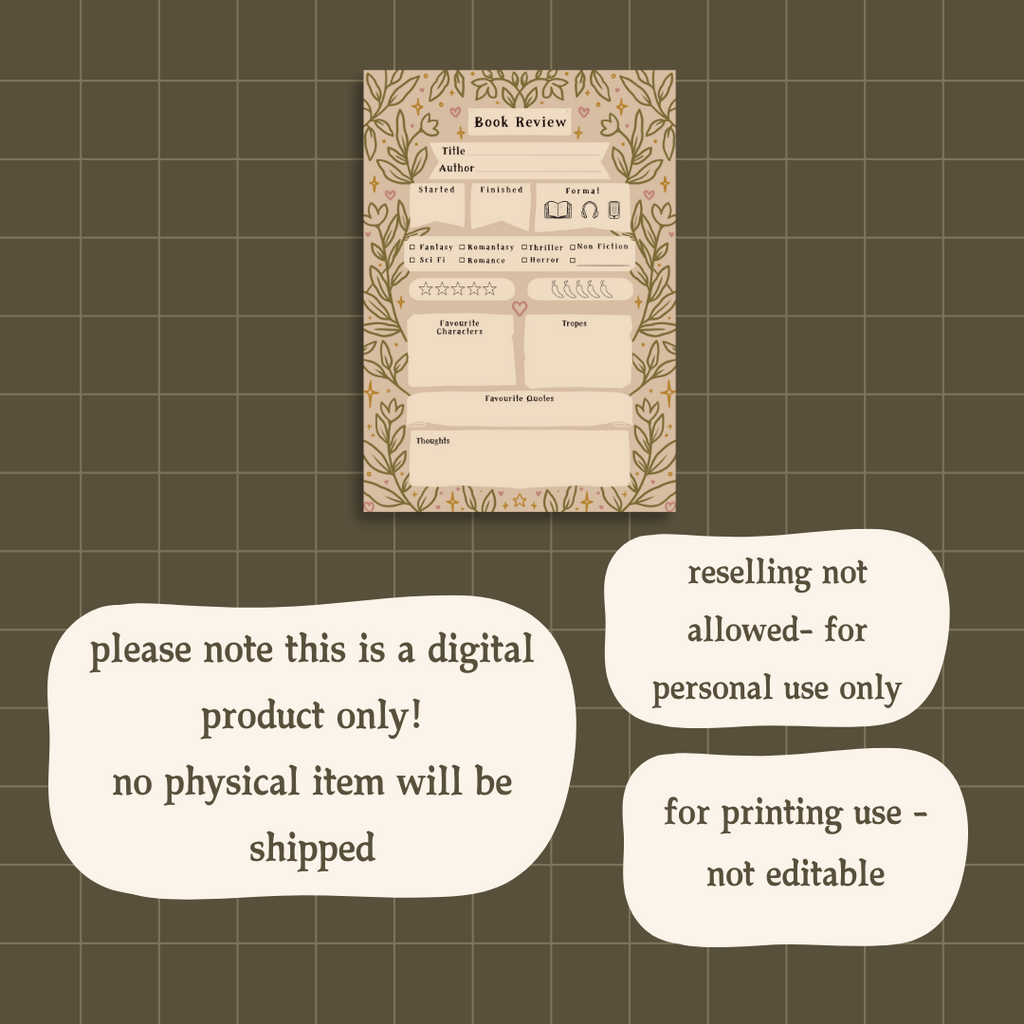 Romantic Reading Review Page Digital Download