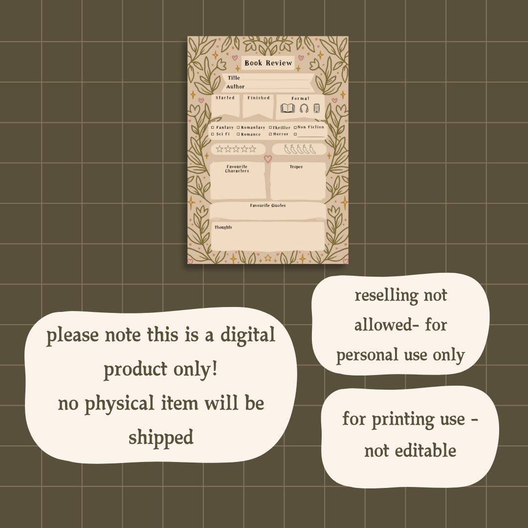 Romantic Reading Review Page Digital Download