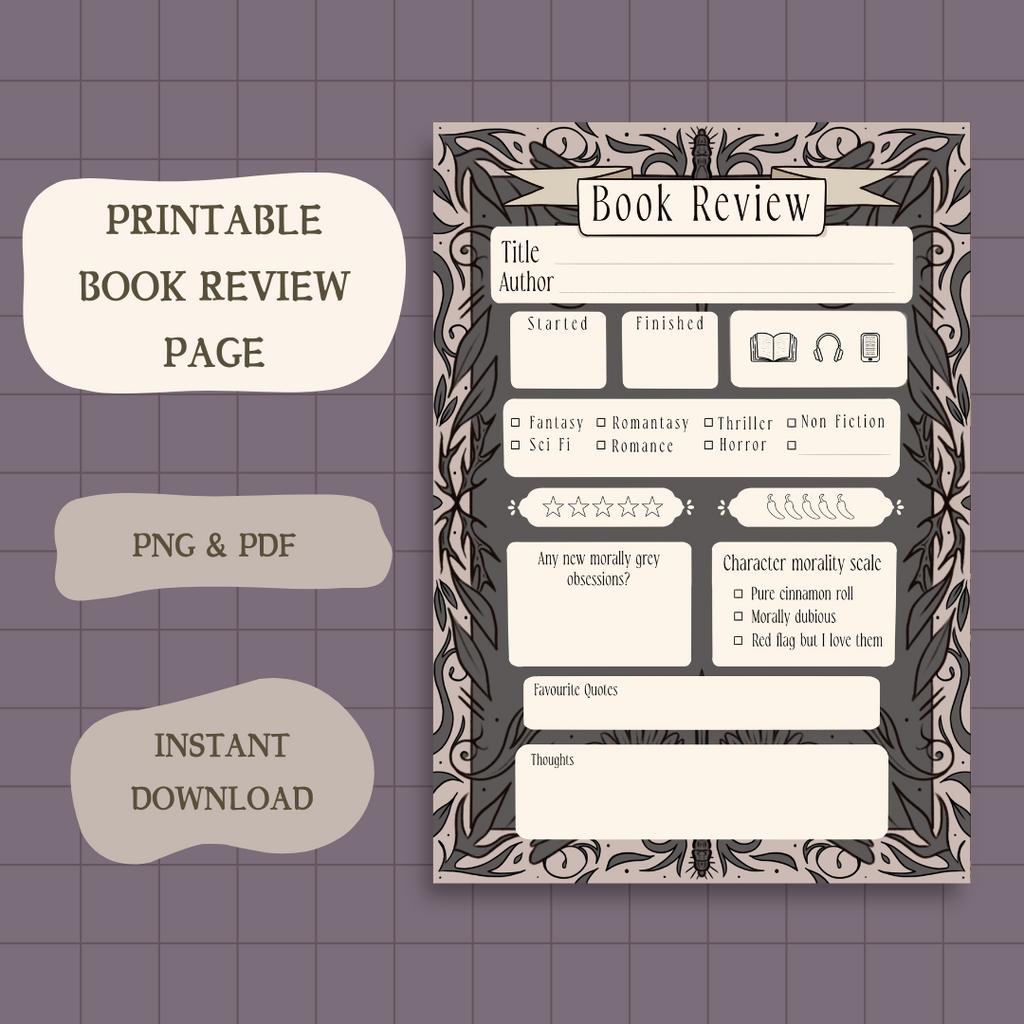 Morally Grey Character Book Review Page Digital Download