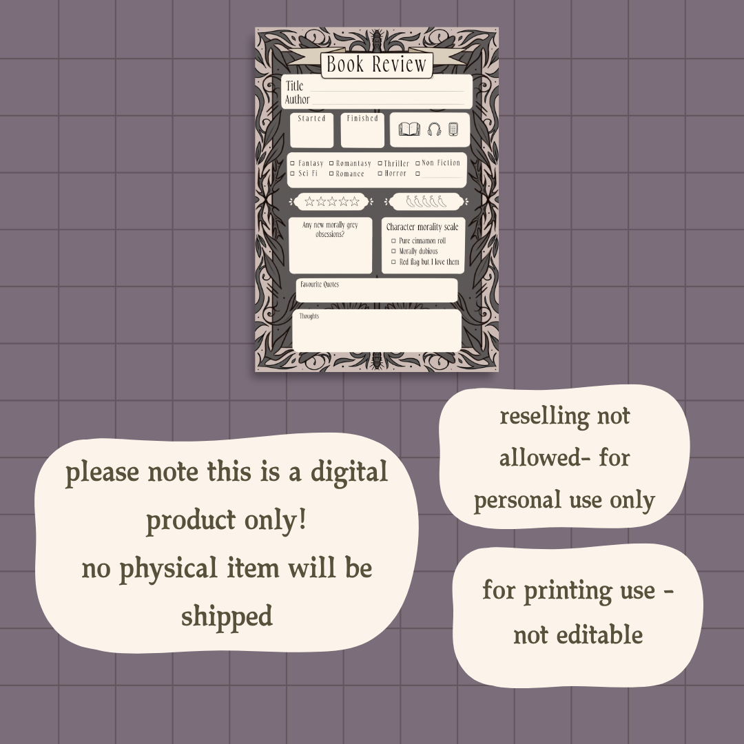 Morally Grey Character Book Review Page Digital Download
